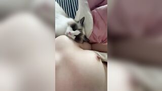 Gái xinh show vú cùng con mèo dễ thương