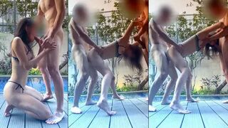 Để bạn thân chơi threesome với bé sugar baby chân dài xinh xắn bên bể bơi
