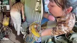 Thuê chị lao công dọn nhà kho mà nứng quá cởi quần đòi chị bú cu luôn trong kho