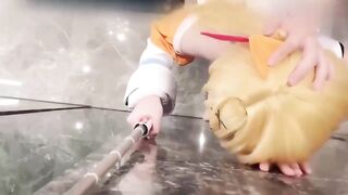 Một bé gái tóc vàng quỳ trên sàn nhà, mút dương vật của người đàn ông lớn tuổi trên g